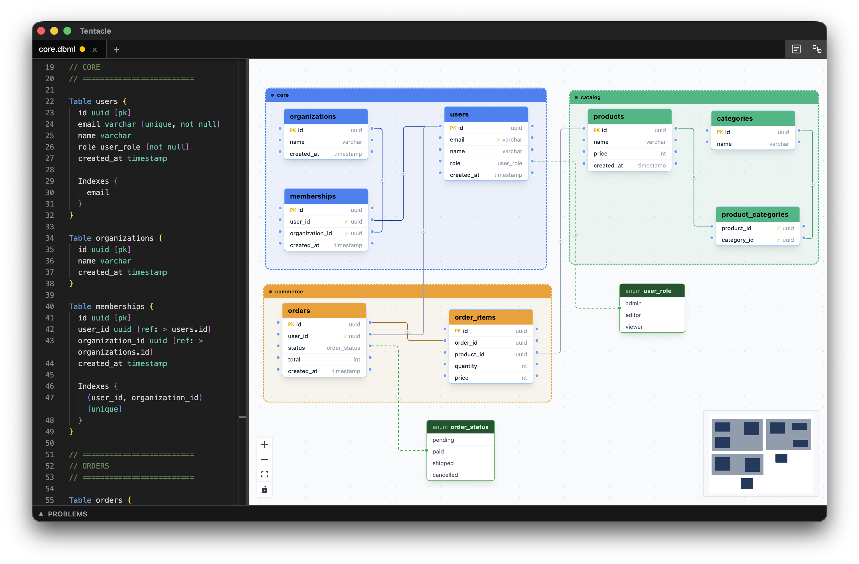 Tentacle — DBML editor with live diagram